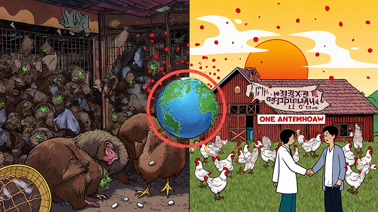 A split scene: chaotic wildlife market on one side, a farm with antibiotics on the other, linked by a &#039;One Health&#039; banner.