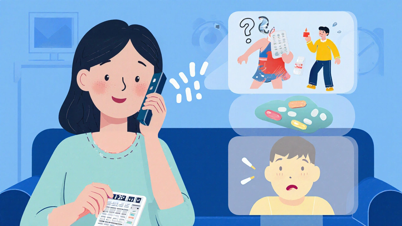 A woman using a pill organizer with phone alarm, surrounded by visual warnings of dangerous drug interactions.