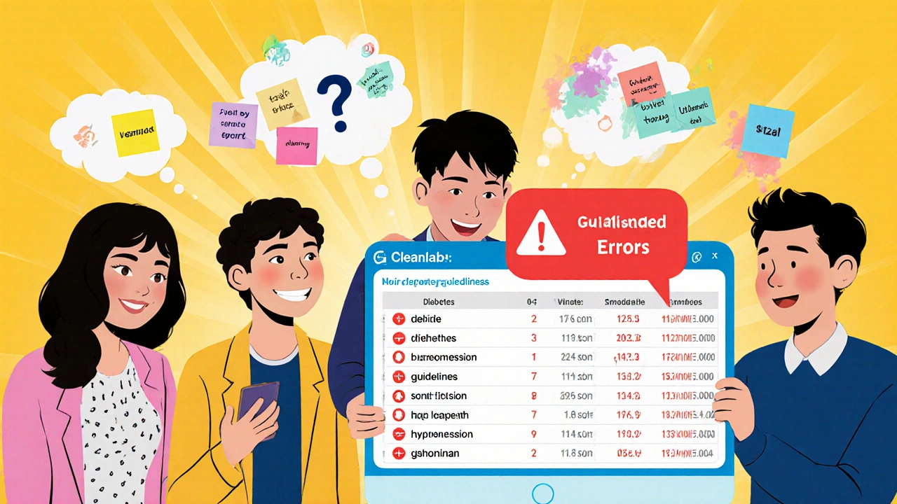 Annotators react to cleanlab’s error report showing mislabeled medical texts, with floating guideline versions and warning bubbles.