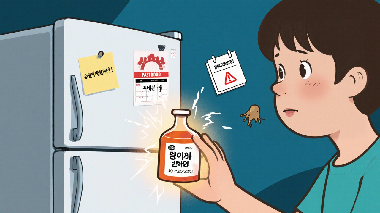 Child reaching for compounded medicine while parent checks fridge with refrigeration instructions.