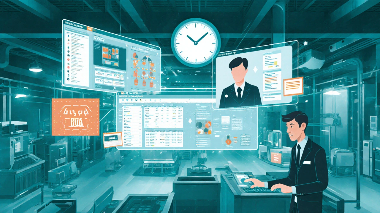 Digital interface showing live quality system feeds during a remote FDA assessment, with a manager and avatar on tablet.
