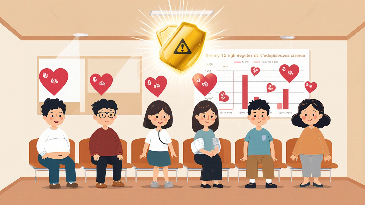 Diverse patients in a clinic, each with risk factors, protected by a glowing statin pill while heart and diabetes icons balance above.
