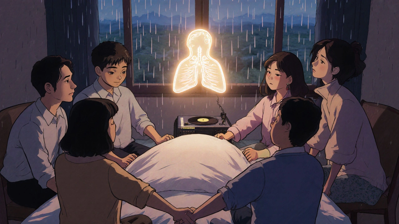 Family members hold hands around a bed at dusk as a glowing breathing animation floats above, with music playing and rain falling outside.