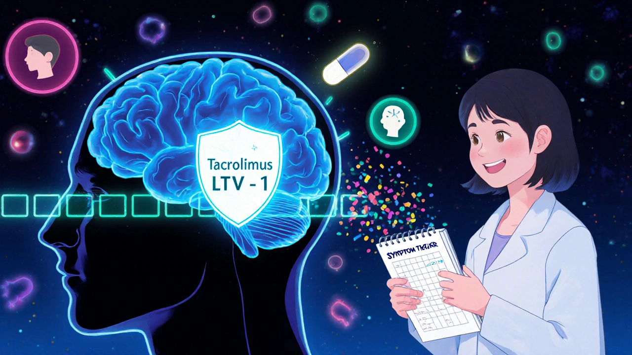 Futuristic brain with blocked drug entry, patient smiling with symptom tracker, LTV-1 shield glowing, hopeful atmosphere.