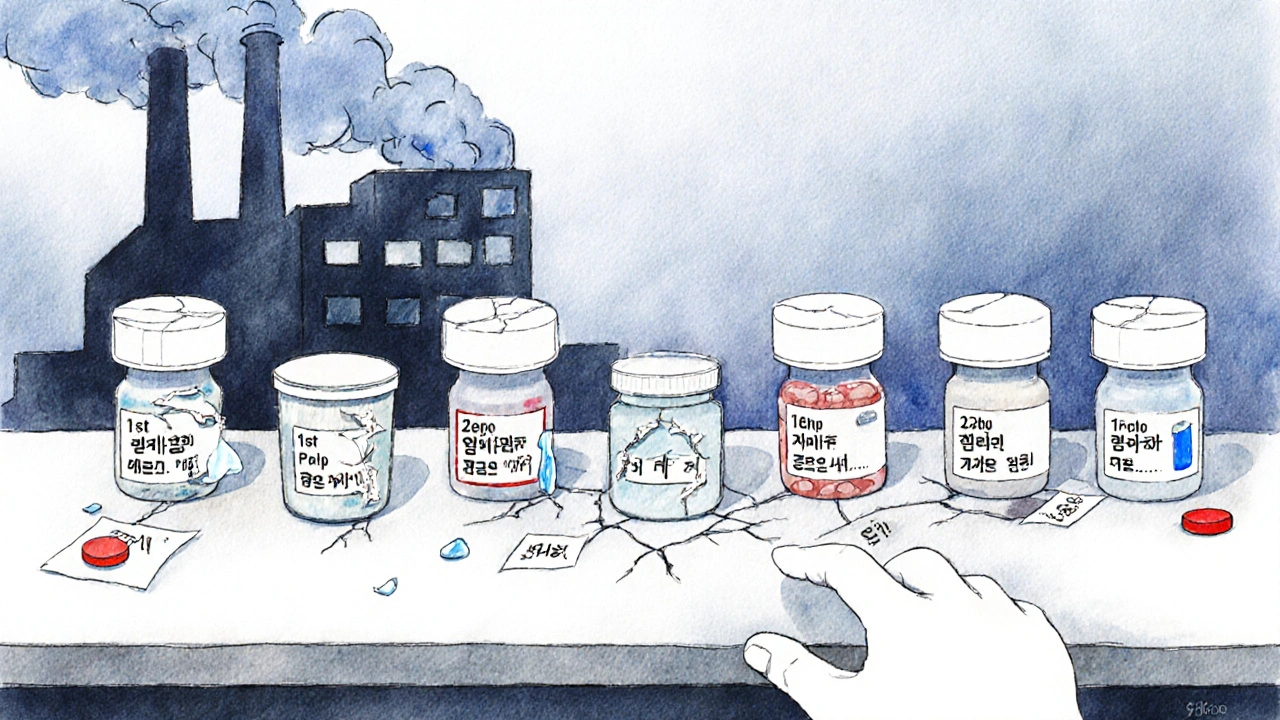 Multiple generic pills crack under low prices, with a shuttered factory and empty shelf signaling drug shortage.