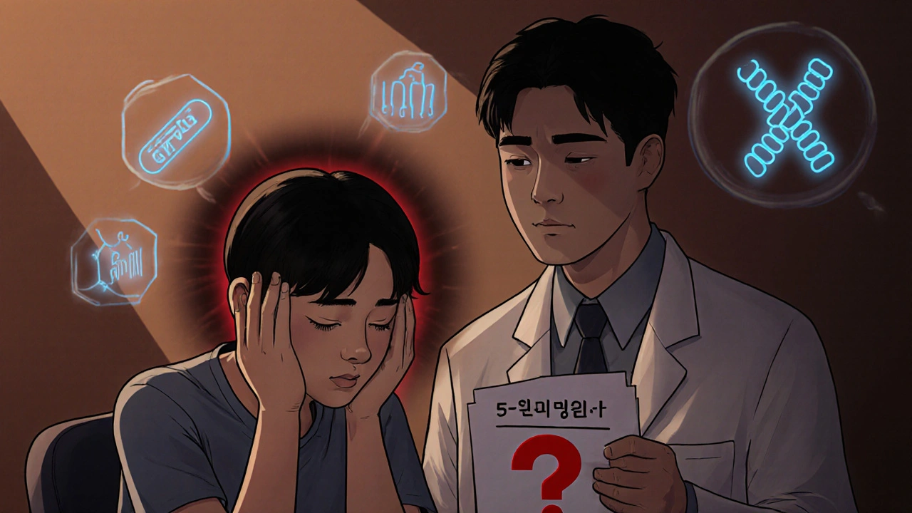 Patient with severe headache in clinic, doctor holding blood test with question mark, floating icons of low electrolytes and gene.