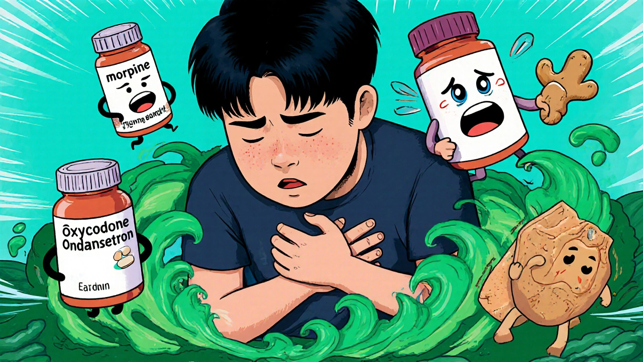 Person clutching stomach as nausea wave attacks, pill bottles and ginger root floating nearby.