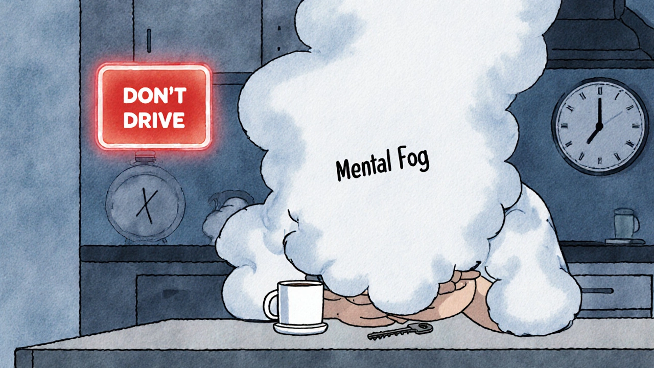 Person slumped at table with mental fog rising, car key forgotten, warning sign glowing.