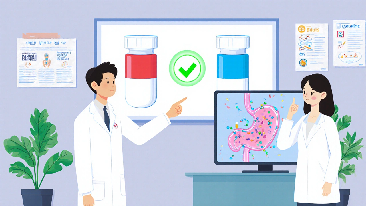 Pharmacist explains generic drug equivalence using a colorful infographic with a glowing checkmark between pills.