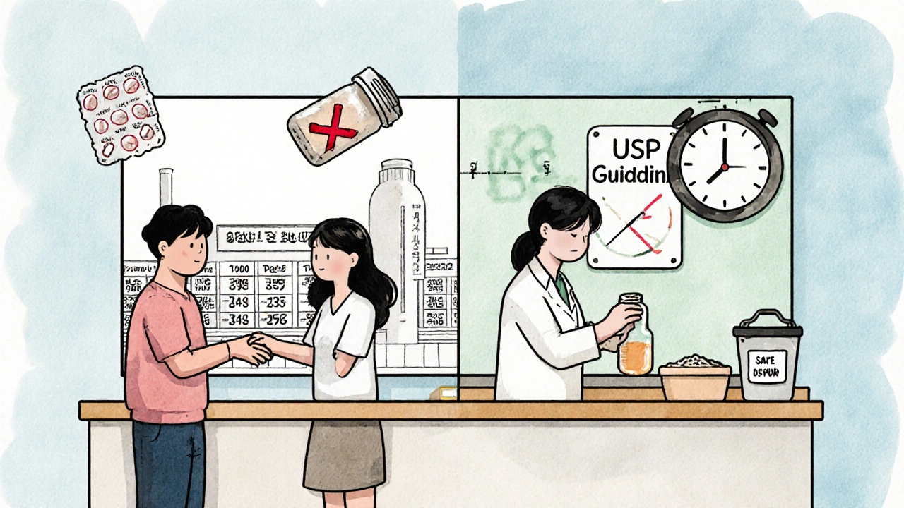 Pharmacist handing compounded medication as split-screen shows manufacturer vs. compounding process.