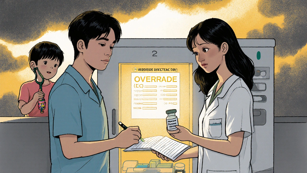 Pharmacist signs override log beside promethazine vial, child’s hand reaches out in background.