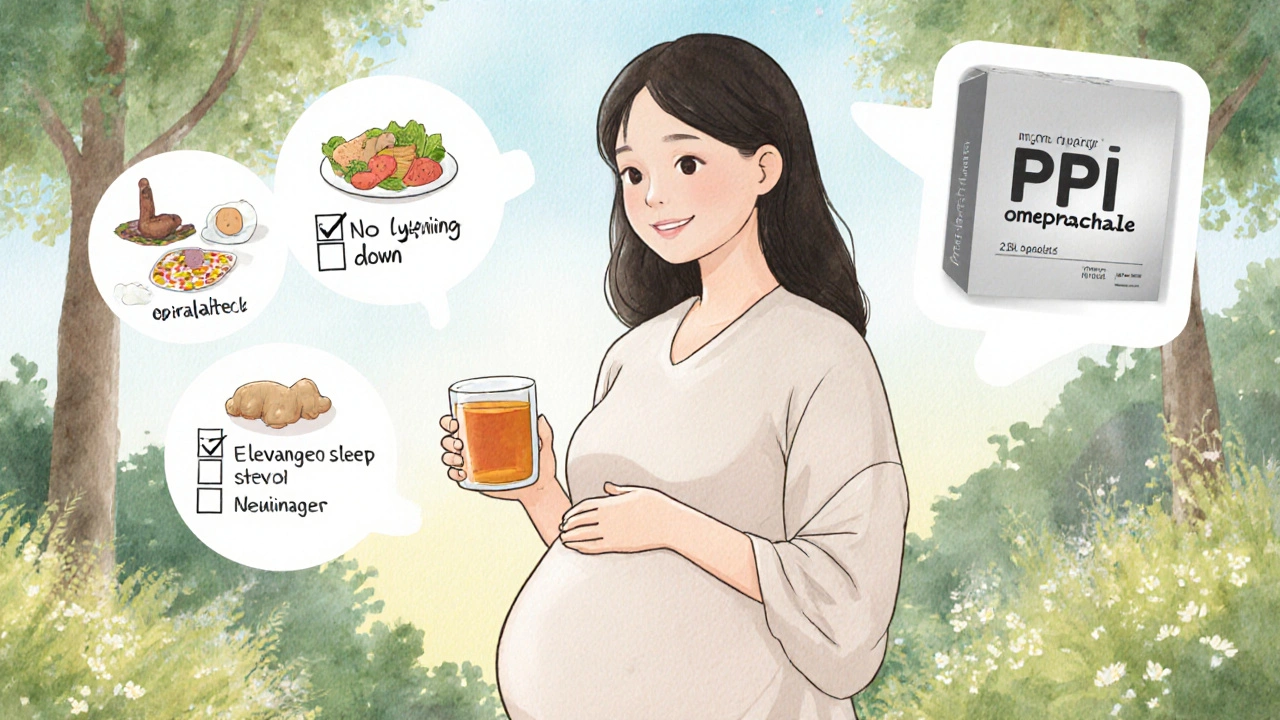 Pregnant woman in garden with ginger tea and floating lifestyle tips, PPI icon faint in background