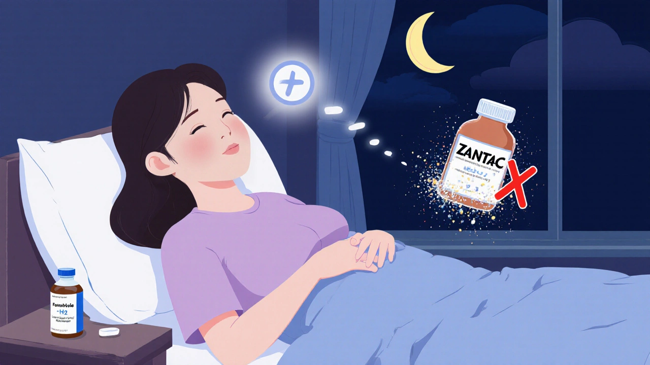 Pregnant woman sleeping upright at night with famotidine bottle and shattered Zantac bottle