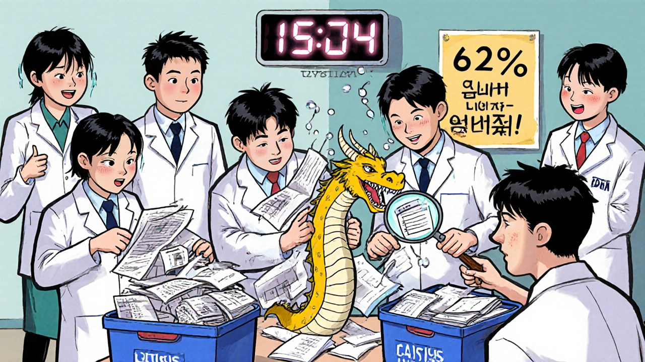 QA team in mock inspection drill, sorting documents as a data dragon forms, with &#039;15 Days&#039; countdown visible.