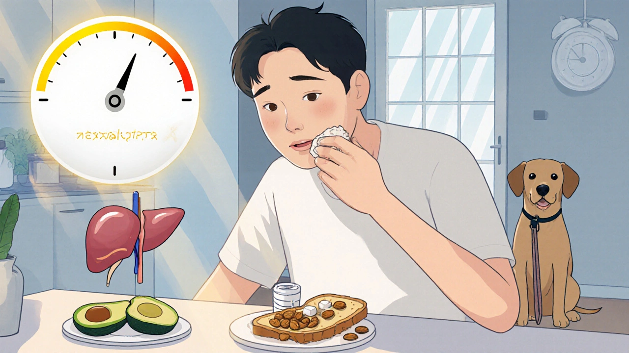 Someone taking mesalamine with healthy food as energy levels rise gently above them.