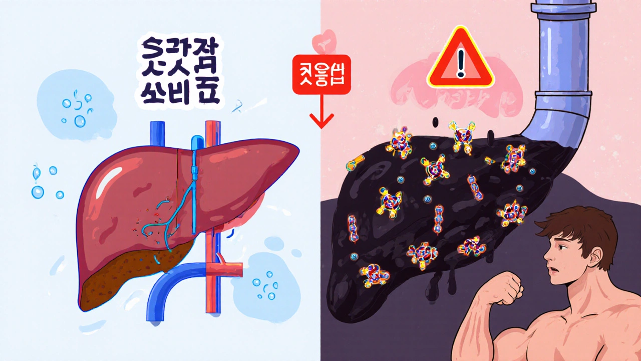 Split liver diagram: one side clear, the other clogged with sludge as statins accumulate, symbolic muscle strain below.