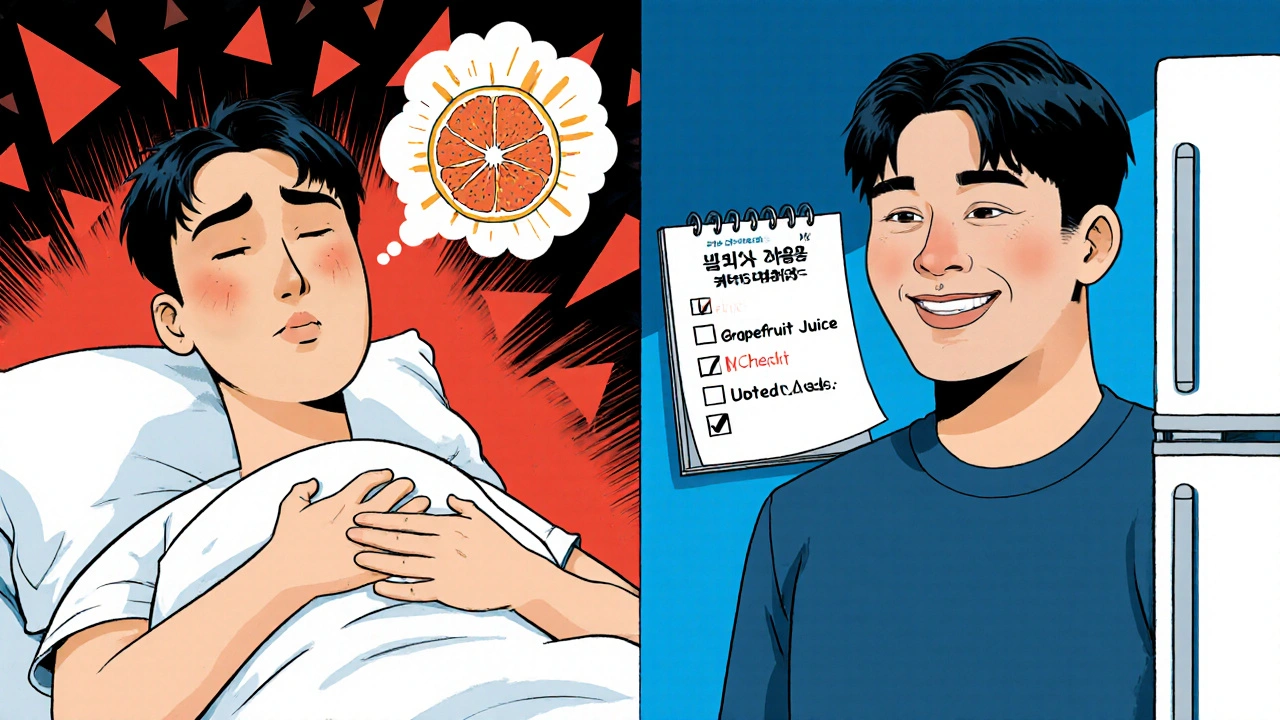 Split scene: one side shows a man in distress from grapefruit interaction, the other shows him safe with his updated checklist on the fridge.
