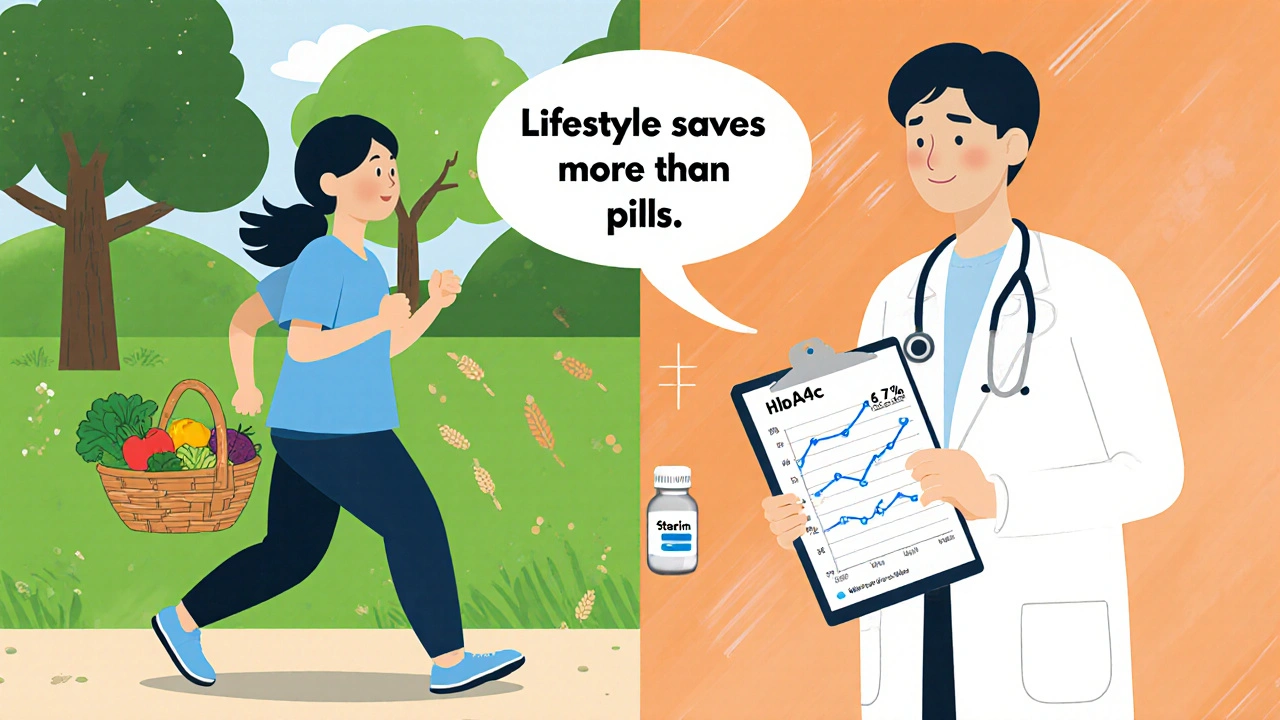 Split scene: person exercising with healthy food on one side, doctor showing improving HbA1c levels on the other.