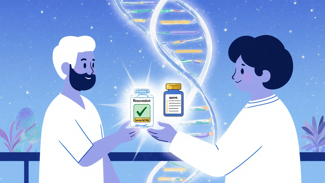 Transplant patient receiving safe statin from pharmacist, glowing gene strand in background symbolizing genetic safety.