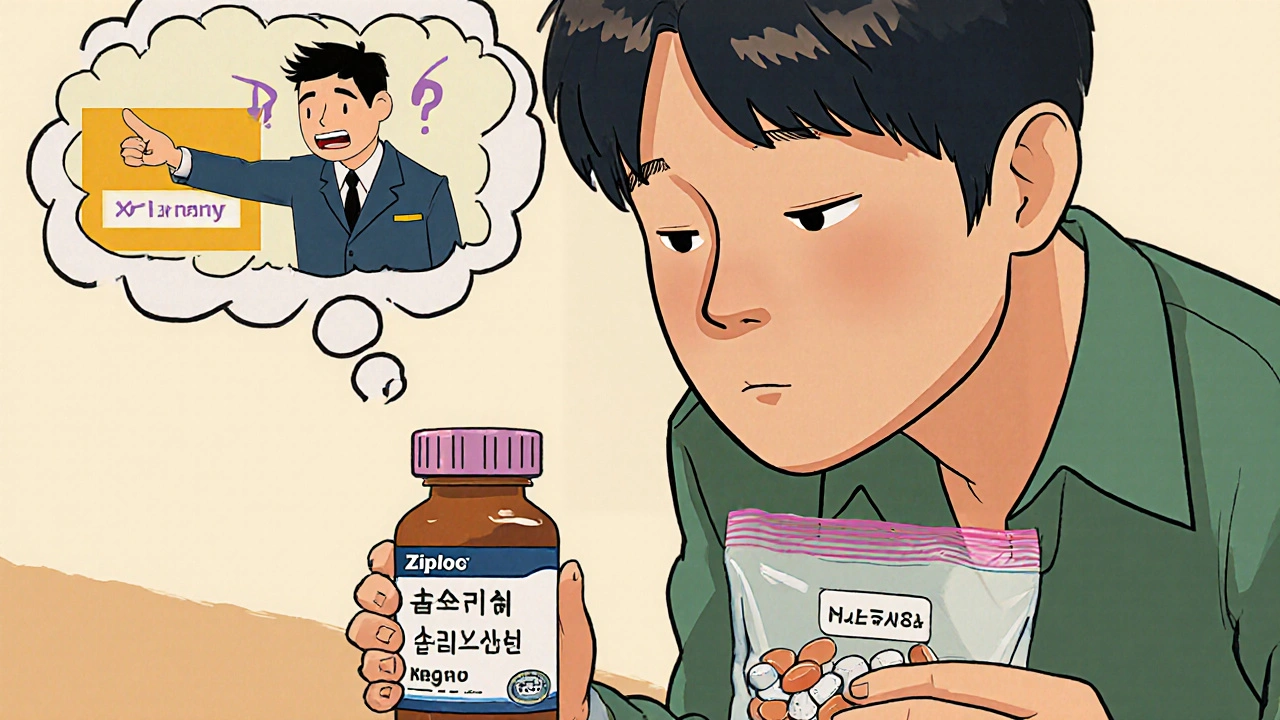 Traveler comparing repacked pills with original labeled bottle, thought bubble showing confusion.