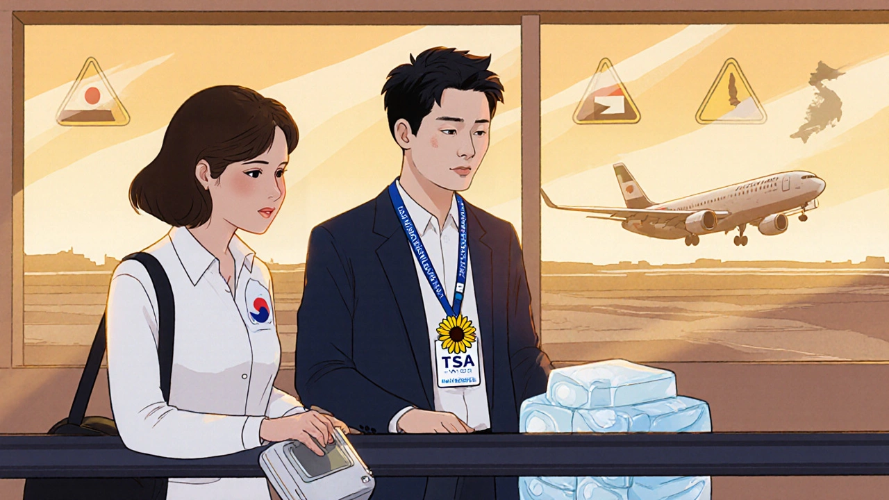 Traveler with sunflower lanyard being assisted by TSA specialist near medical devices.