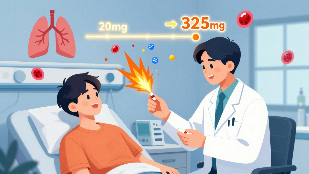 A doctor giving an aspirin challenge in a hospital while inflammatory molecules explode around them.