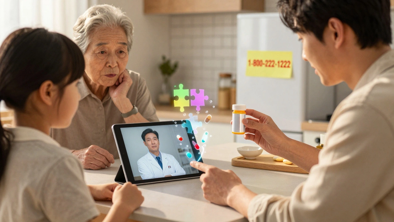 A family shows a pill bottle photo to a holographic poison control specialist at home.