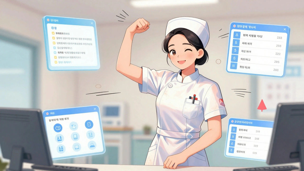 A nurse aided by floating AI tools reducing paperwork, looking empowered and less stressed.