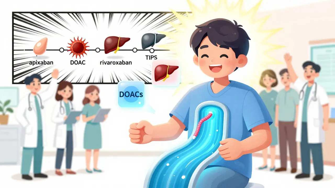 A patient celebrates as their portal vein fully reopens with floating anticoagulant icons and a liver transplant symbol.