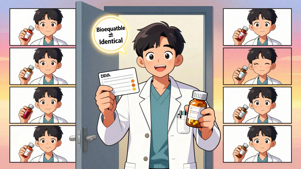 A patient holds a medication card while remembering past pill changes, now feeling confident and informed.