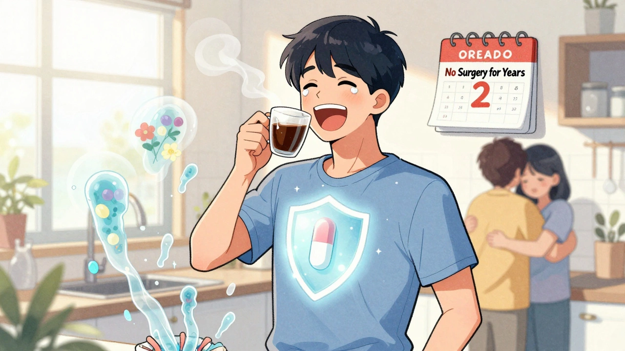 A patient joyfully smelling coffee, with dissolving polyps and a glowing aspirin shield behind them.