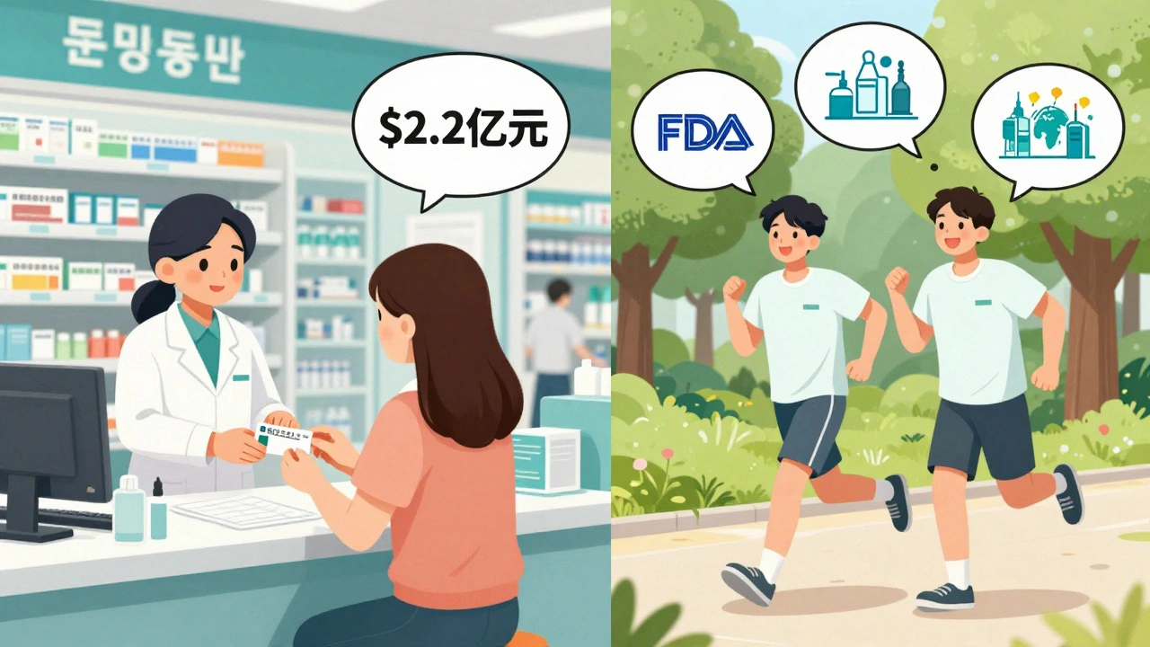 A patient receives a cheap generic prescription at the pharmacy, then jogs happily in the park with savings and safety icons around them.