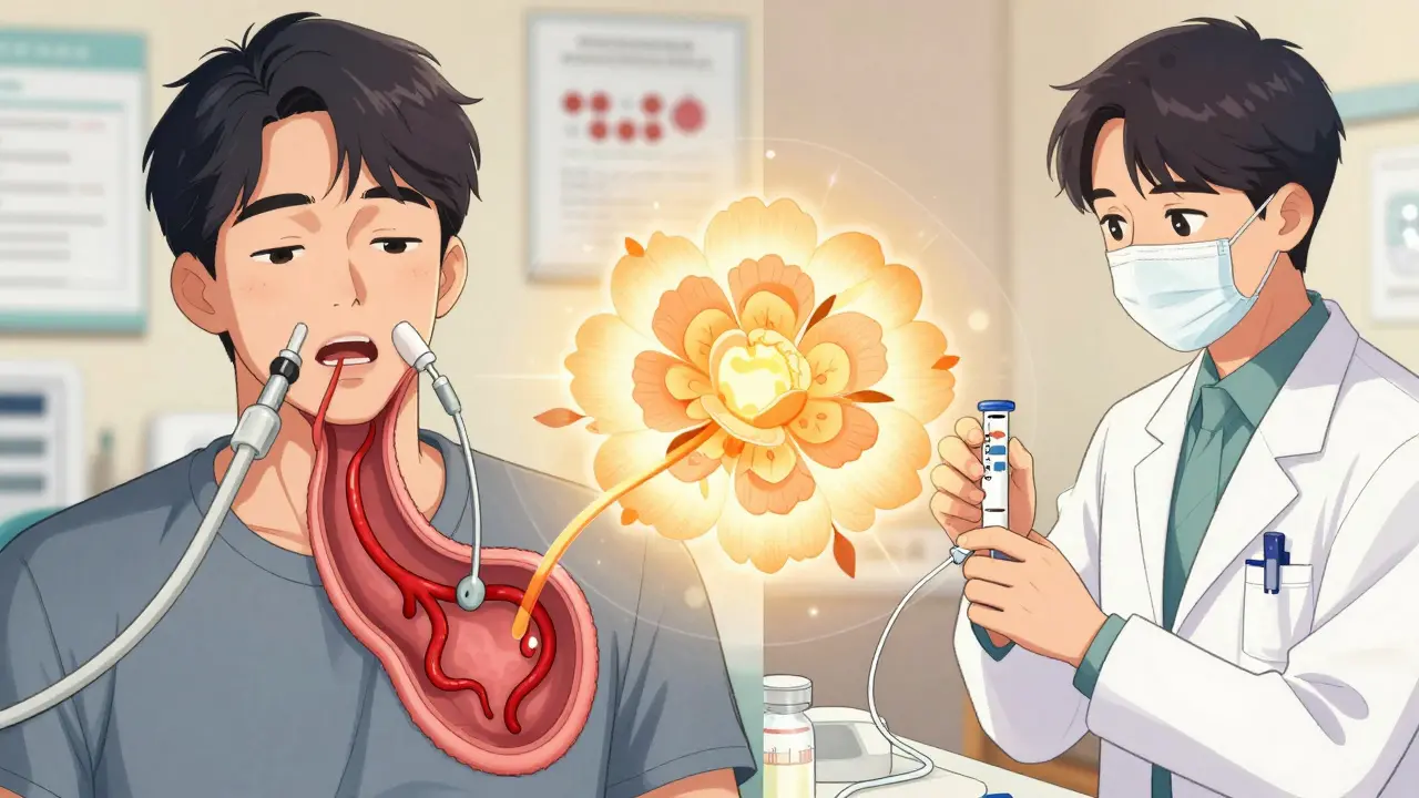 A patient receiving an injection while endoscopic varices are shown, with a vein reopening like a blooming flower.