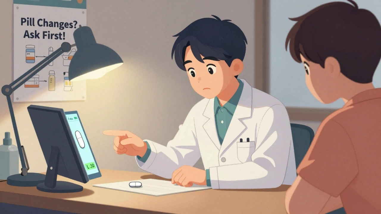 A pharmacist explains a pill change to a patient using a digital pill identifier on a screen.