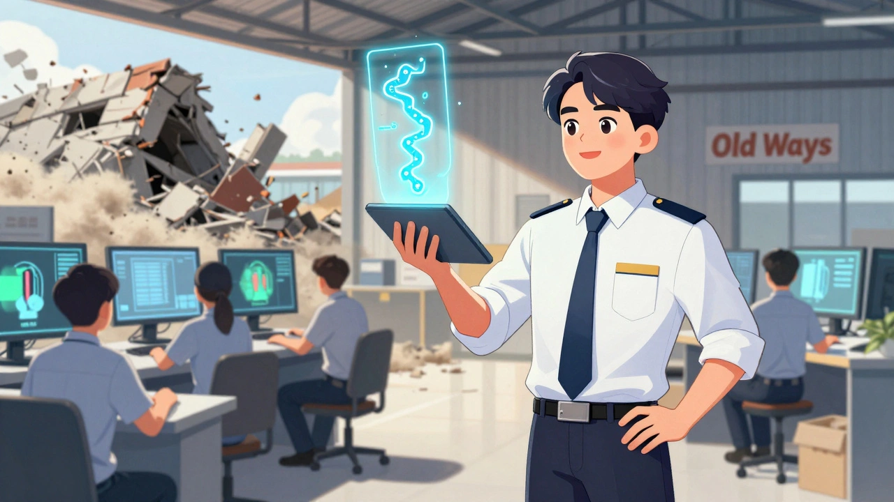 A quality manager stands with a glowing blockchain tablet as AI training and collapsing old systems surround them.