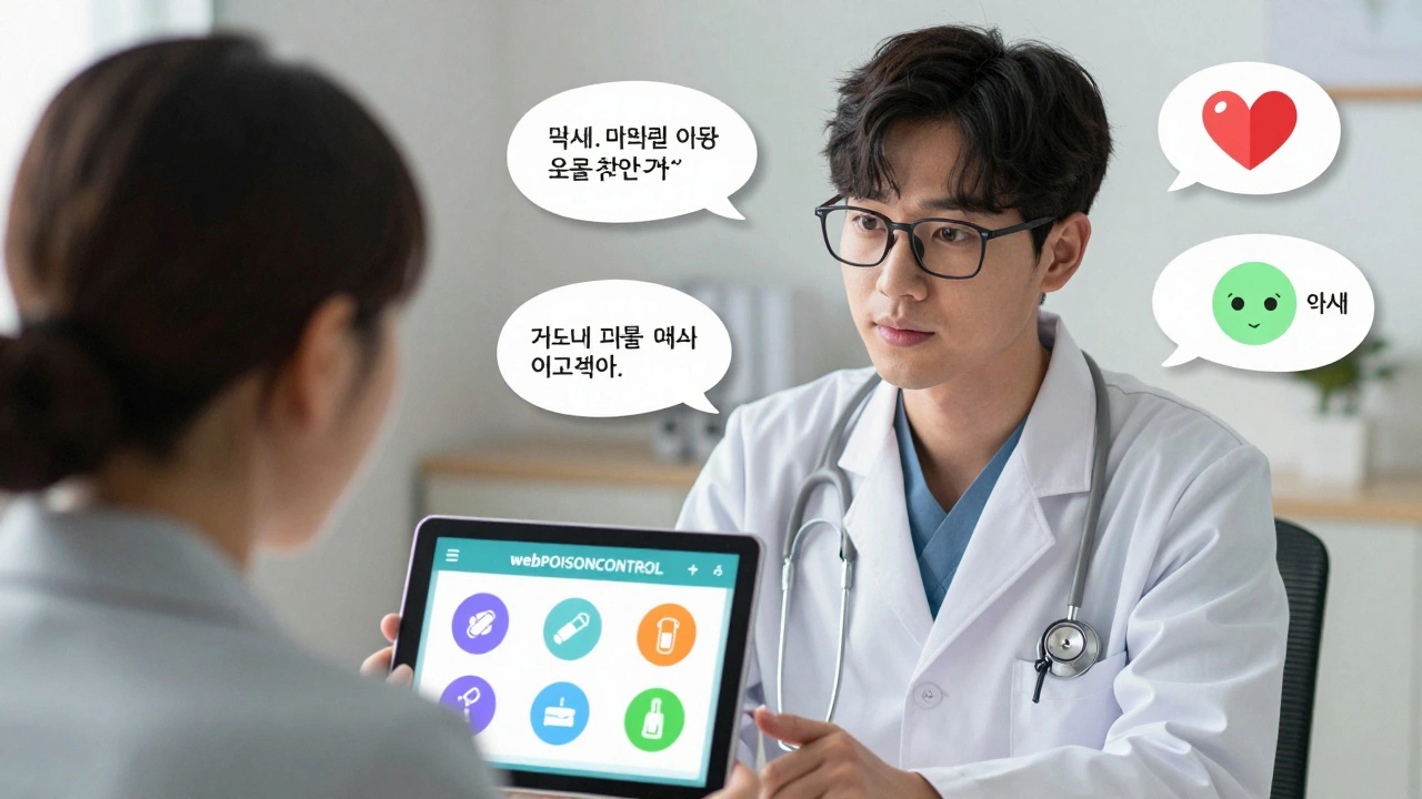 A specialist guides a caller through a digital poison control tool with colorful icons.