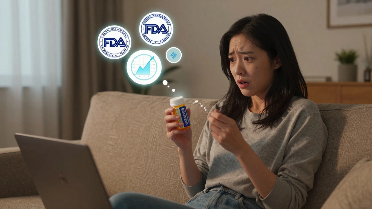 A woman watches her blue pill turn into a white generic one, with FDA approval symbols glowing in the air.