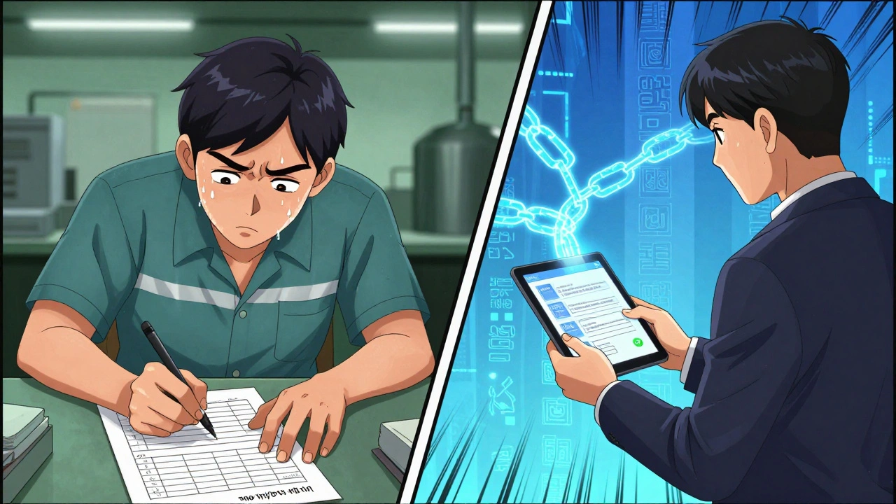 A worker falsifies records on one side, while an auditor scans blockchain data on the other in a split scene.