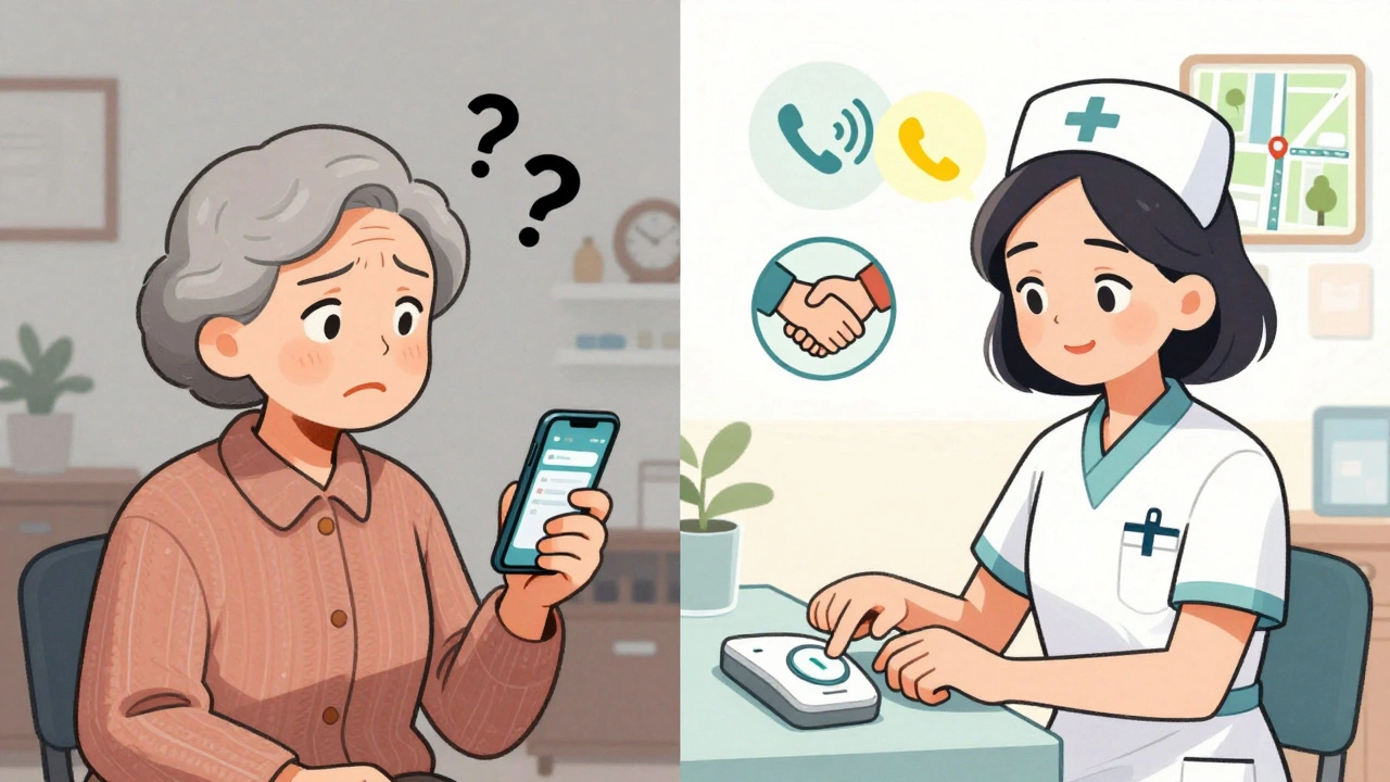 An elderly woman learning to use a simple telehealth device with nurse support, transitioning from confusion to confidence.