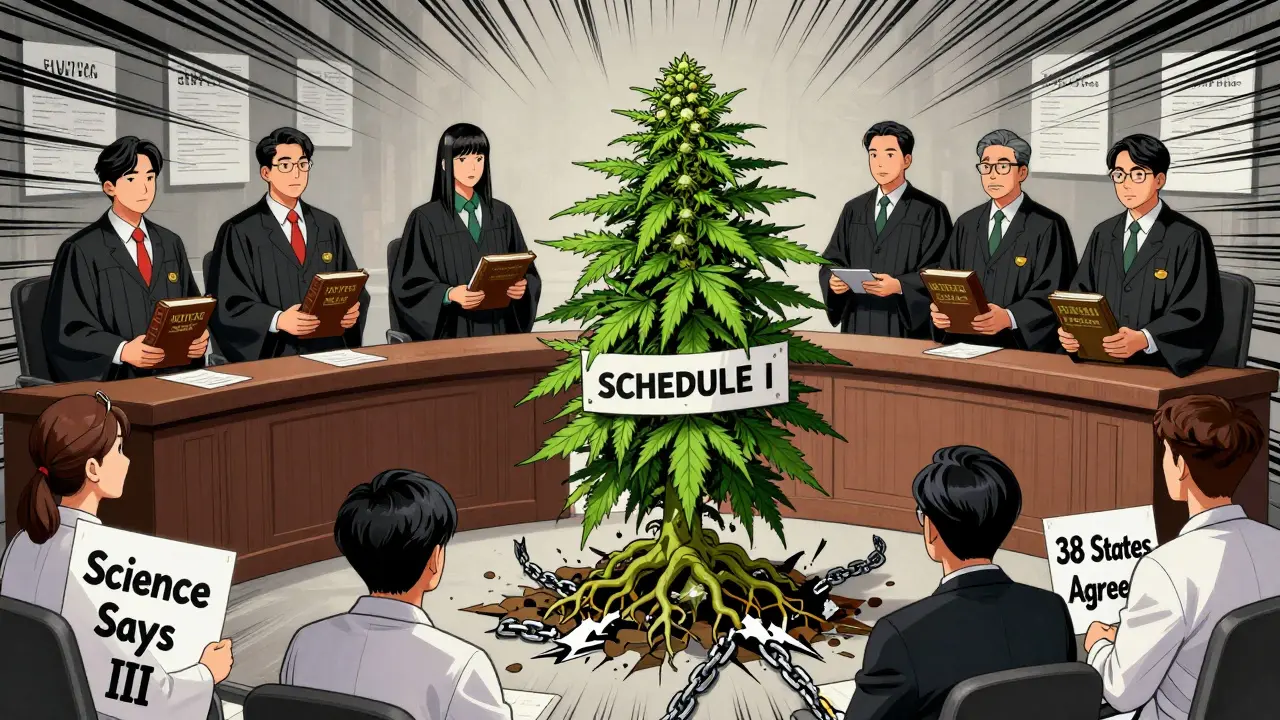 Cannabis plant on trial as Schedule I drug, doctors and patients protesting in courtroom.