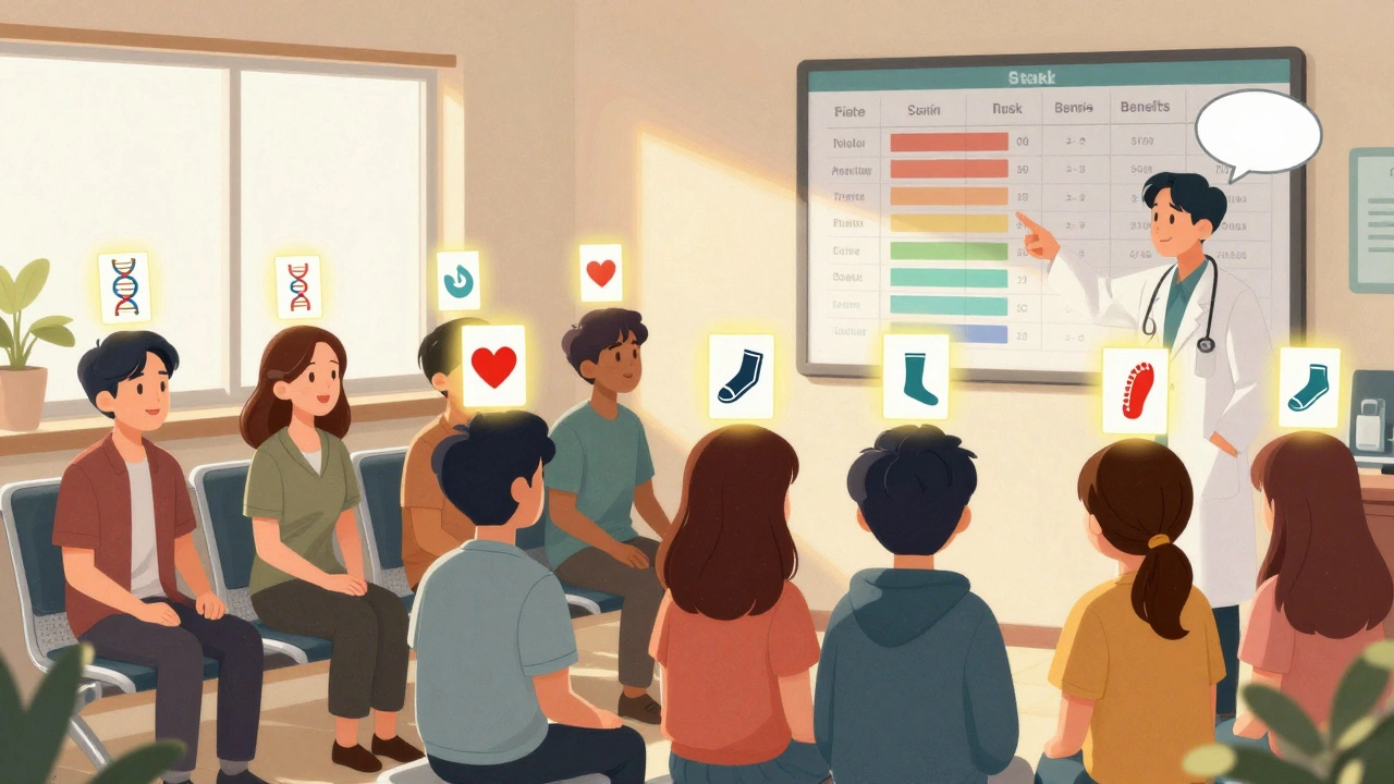 Diverse patients in a clinic with personalized statin cards glowing above them, illustrated in Korean webtoon style.