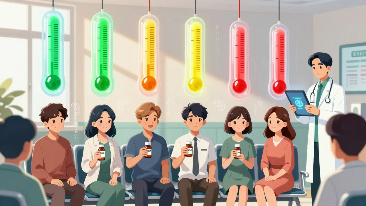 Diverse patients in clinic with floating blood level meters and AI dose prediction.