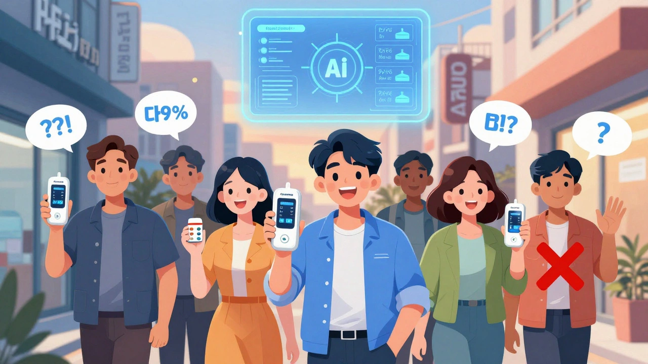 Diverse patients leaving dental office with portable INR devices and acetaminophen, AI analytics glowing above them.