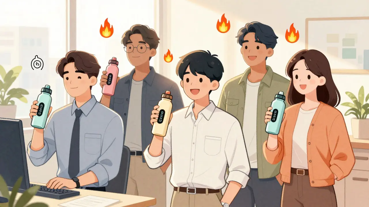 Diverse people drinking water with rising hydration counters and fat-burning icons around them.