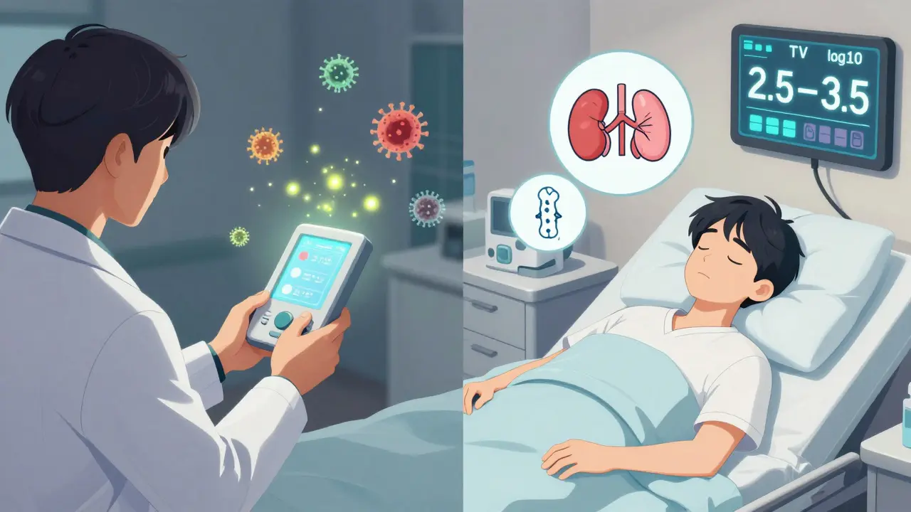 Doctor scanning blood sample with glowing TTV viruses, stable organ icons floating nearby in webtoon style.