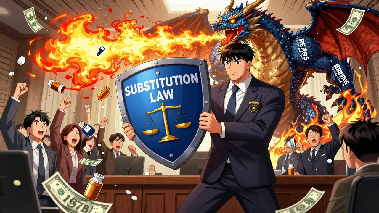 FTC agent blocking corporate dragon with substitution law shield as patients rally behind.