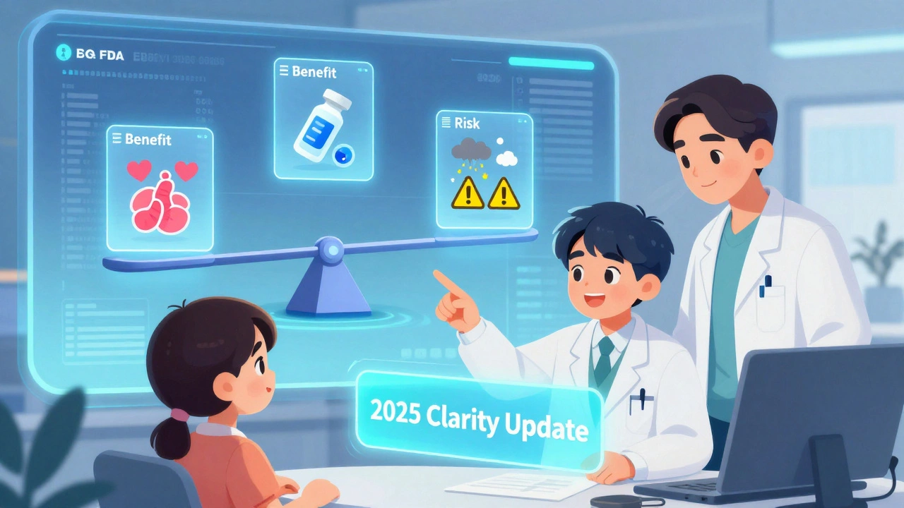 Holographic FDA dashboard with drug benefit-risk scales, patient and doctor observing together.