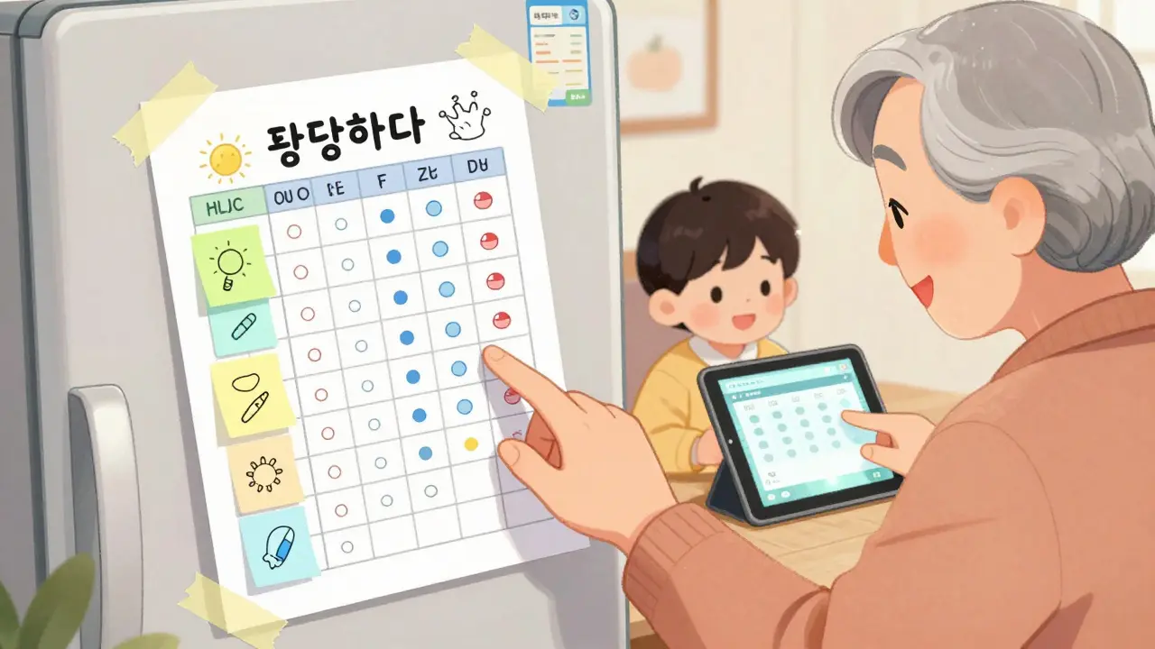 Laminated medication schedule on fridge with sticky notes, while a grandchild updates the digital version nearby.