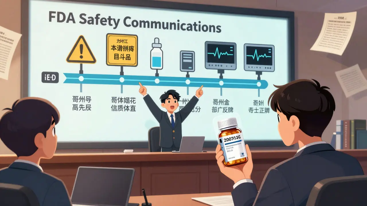 Lawyer presenting FDA safety timeline in court with evolving drug and device warnings.