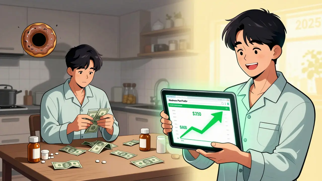 Man at kitchen table comparing expensive pills to lower cost shown on tablet screen.